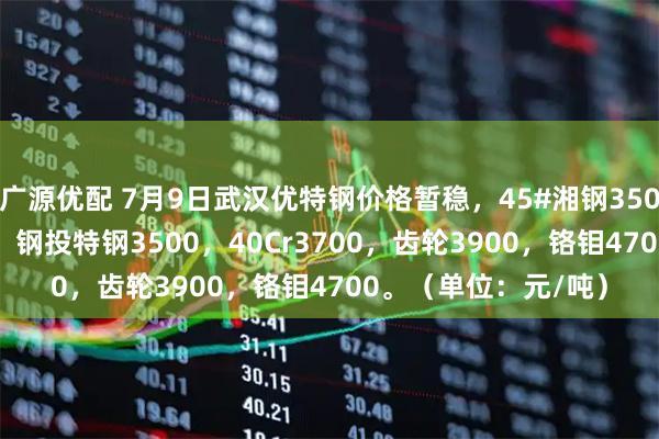 广源优配 7月9日武汉优特钢价格暂稳，45#湘钢3500，新兴铸管3490，钢投特钢3500，40Cr3700，齿轮3900，铬钼4700。（单位：元/吨）